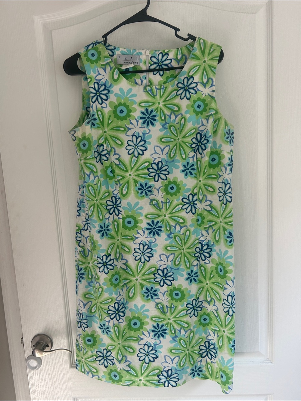 Vintage Real comfort Floral Shift Dress in Green & Blue 16 bright beautiful